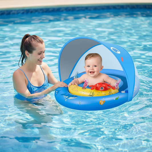 LAYCOL Baby Pool Float with Canopy UPF50+, 120°Adjustable Sun Protection and Anti-Tip Safety Seat, Inflatable Toddler Floaties Infant Pool Float with Animal Pool Toys, Baby Beach Essentials for 6-36M